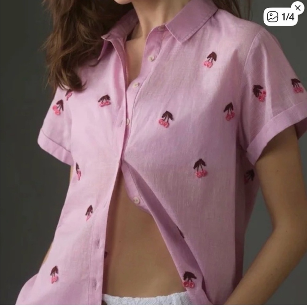 Maeve Pink Button Down Shirt with Cherry Embroidery